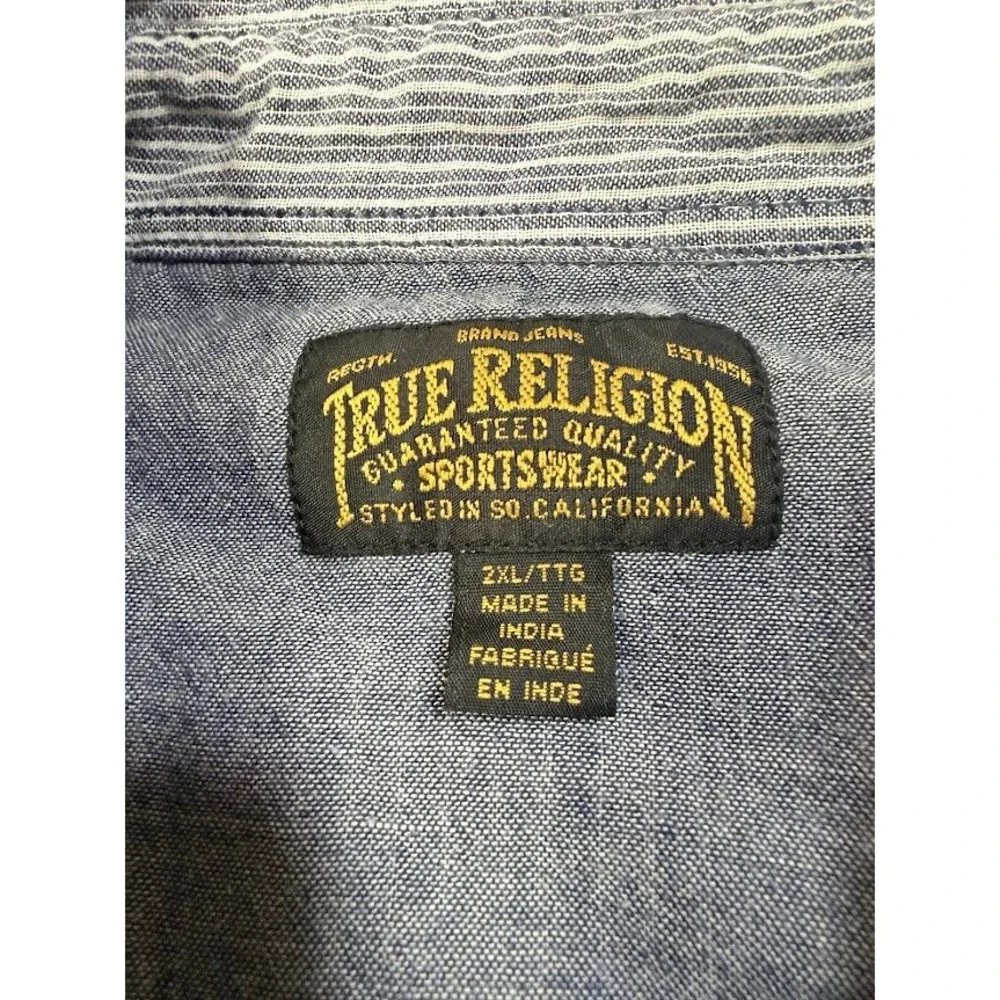 True Religion Mens Striped Western Snap Front Shirt Blue White 2XL Horseshoe